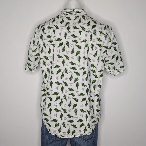 Spencer's White Green Sweary Cactus Short Sleeve Cotton Button Up L - Picture 5 of 7